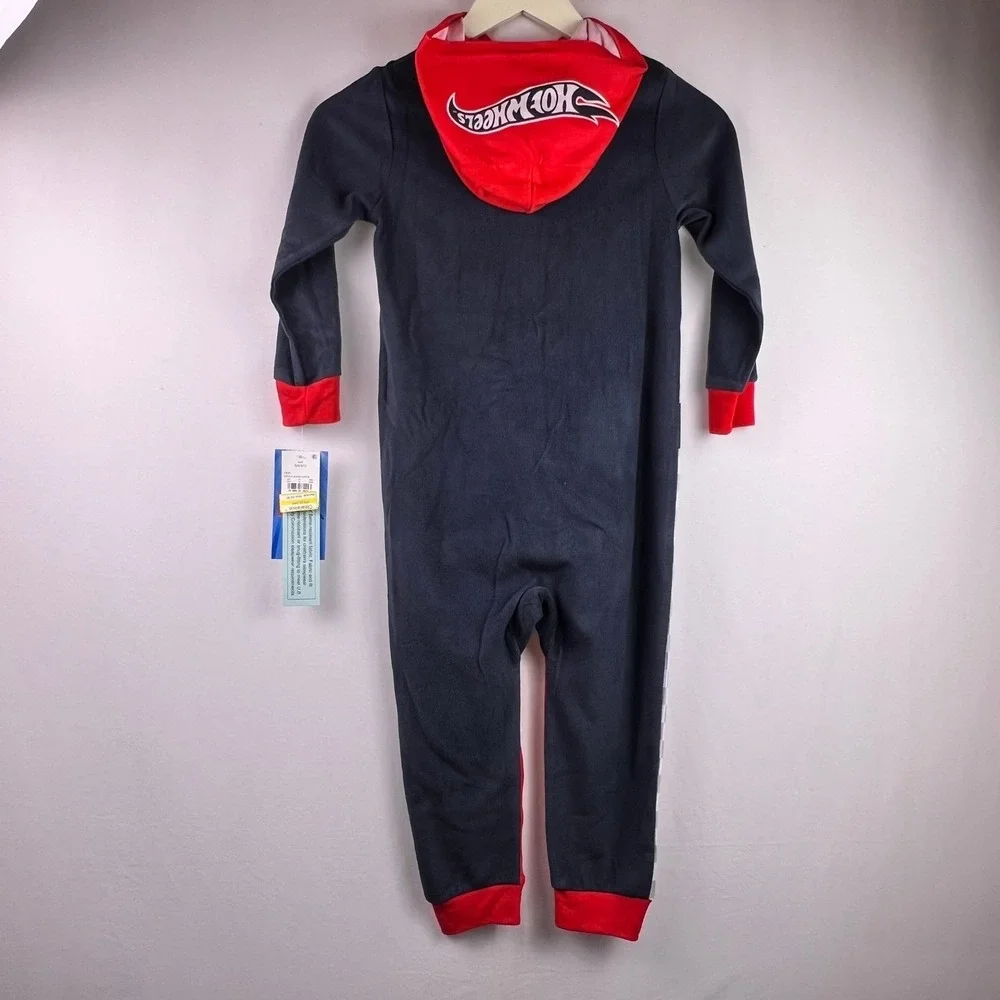 Hot Wheels Boys Kids Hooded Fleece Union Suit Pajamas Red Black M 8 NEW